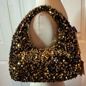 Bestini‎ Paris Black Gold Sequin Recycled Cross Body Bag Purse New